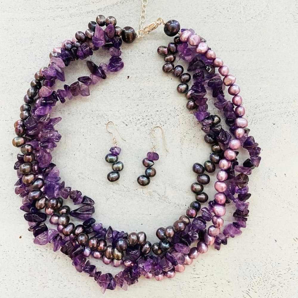 Amethyst and freshwater pearl necklace and earring set